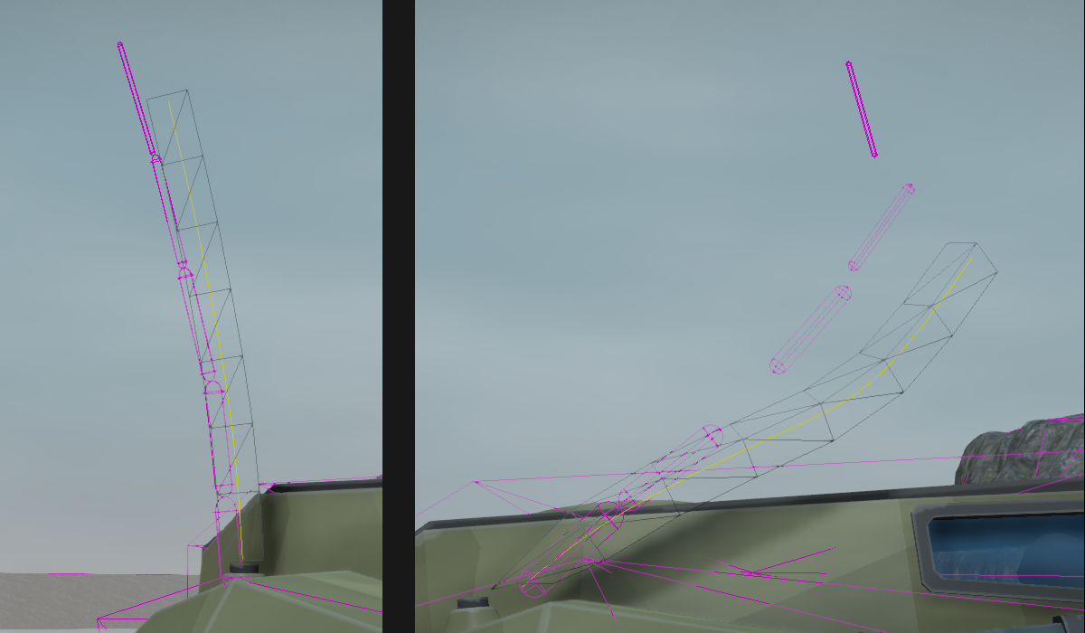 The three parts of the antenna, the physics segments, the bezier path and the renderable geometry