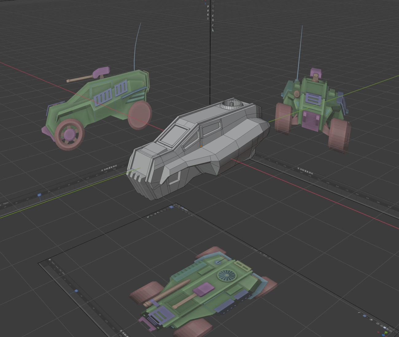 Final chassis model in Blender with images of blockout model to aid with modeling