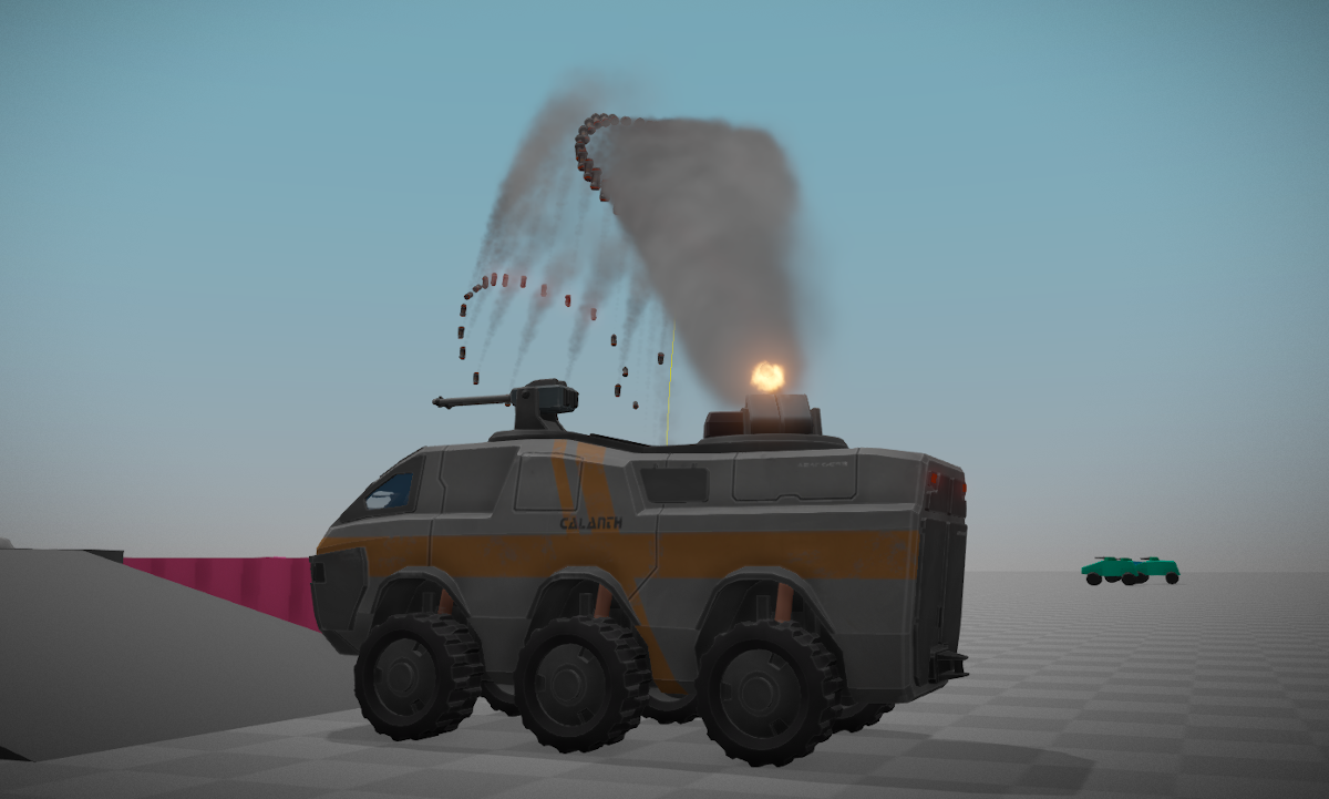 The fully automatic grenade launcher in action. The grenades' smoke trails make it hard to see what is going on.