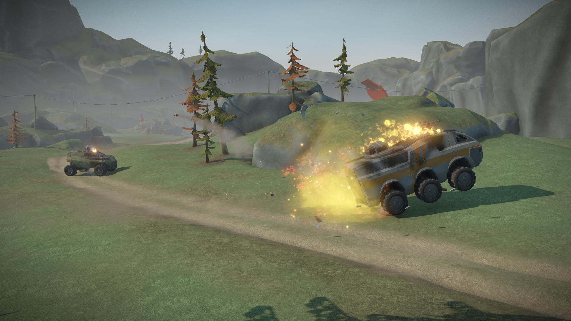 A Lancer firing on a Combat Badger, causing it to explode. The Combat Badger manages to launch a grenade towards the Lancer though. Will either one survive?